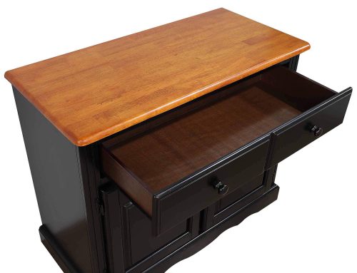 Black Cherry Selections - Keepsake Buffet and lighted hutch in Antique black with Cherry accents detail of top and open drawer DLU-19-BH-BCH