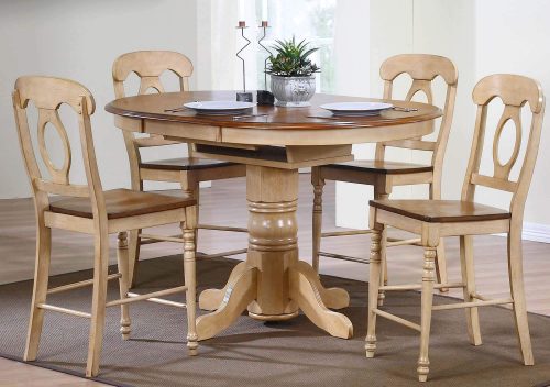 Brook Dining 5-piece dining set - Extendable pedestal dining table with four Napoleon chairs - Finished in creamy wheat with a Pecan top and seats - dining room setting DLU-BR4260CB-B50-PW5PC