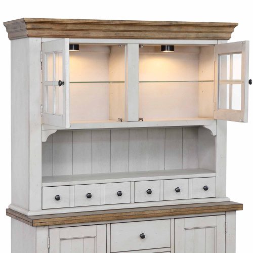 Country Grove Collection - Buffet - Hutch in distressed gray and brown - three-quarter view with doors open DLU-CG-BH-GO