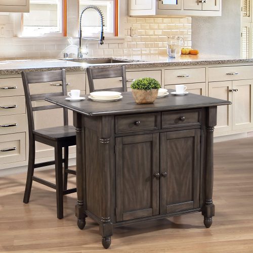 Shades of Gray Collection - kitchen island with drop leaf and matching stools - kitchen setting - DLU-KI-4222-B200-AG3PC