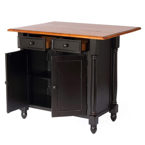 Kitchen Island with Drop Leaf - Antique Black and Cherry Top - thrree-quarter view leaf up and doors open - DLU-KI-4222-BCH