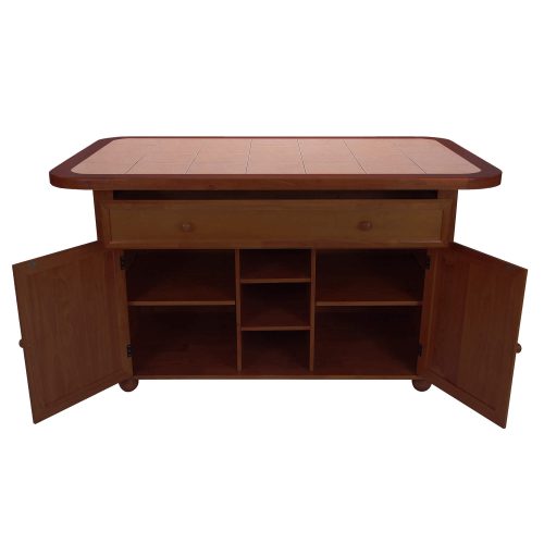 Kitchen island - Nutmeg finish and Terracotta rose time top - front view drawer and doors open - CY-KITT02-NUT