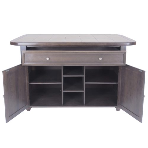 Kitchen island in Antique Gray finish with gray tile top - front view with drawer and doors open - CY-KITT02-AG