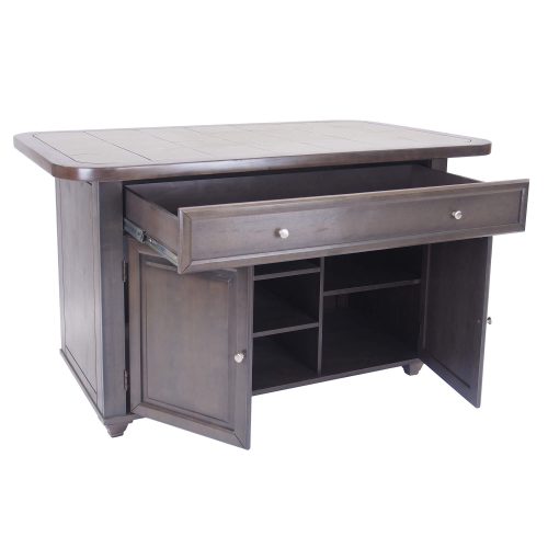 Kitchen island in Antique Gray finish with gray tile top - three-quarter view with drawer and doors open - CY-KITT02-AG