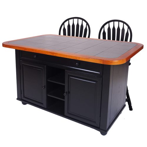 Kitchen island with matching stools - Antique black finish with gray tile top - three-quarter view - CY-KITT02-B24-AB3PC