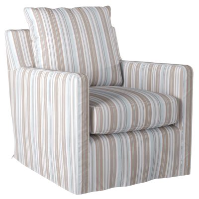 Slipcovered swivel chair with box cushion and track arm - three-quarter view in Seaside Blue Striped SU-159593-395225