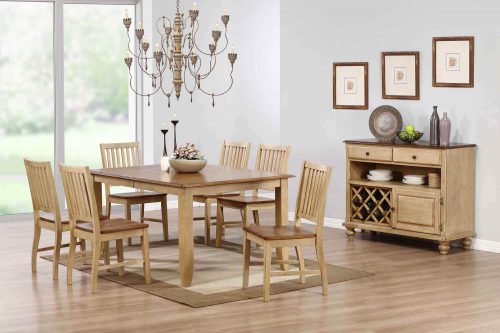 Amish Dining Collection - Eight-piece dining set Extendable table - six chairs - sideboard server in light-Oak finish dining room setting DLU-BR-SER-PW