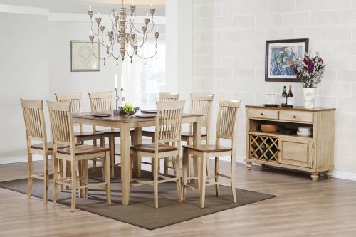 Amish Dining Collection - Ten-piece pub height square dining set square pub table - eight chairs - sideboard server in light-Oak finish dining room setting DLU-BR-SER-PW