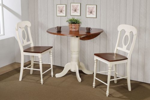 Andrews Dining - 3-piece dining set - Pub height dining table with two Napoleon stools finished in antique white with Chestnut top and seats dining room wall setting DLU-ADW4242CB-B50-AW3PC