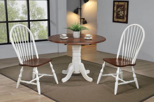 Andrews Dining - 3-piece dining set - Round dining table with drop leaf and two Spindle-back chairs - finished in antique white with Chestnut top and seats dining room setting DLU-ADW4242-C30-AW3PC