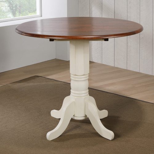 Andrews Dining - Round drop leaf pub table fininshed in antique white with a Chestnut top dining room setting DLU-ADW4242CB-AW