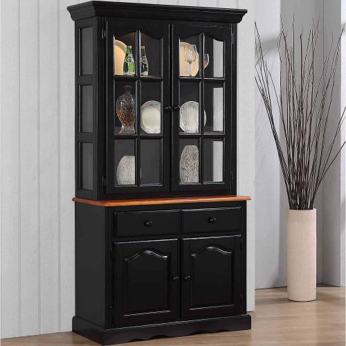 Black Cherry Selections - Keepsake Buffet and lighted hutch in Antique black with Cherry accents angled view in dining room DLU-19-BH-BCH
