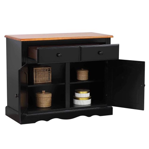 Black Cherry Selections - Keepsake Buffet and lighted hutch in Antique black with Cherry accents buffet with door and drawers open DLU-19-BH-BCH