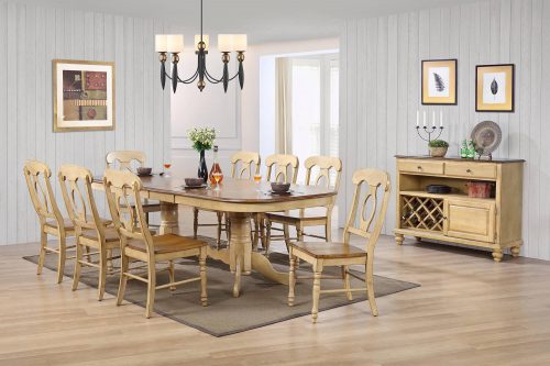Brook Dining 10-piece dining set - Extendable pedestal table with eight ​Napoleon chairs and server - finished in creamy wheat with Pecan tops - seats and accents dining room setting DLU-BR4296-C50-SRPW10P