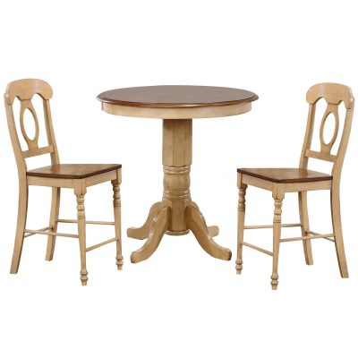 Brook Dining - 3-piece dining set - round pub height dining table with two Napoleon stool finished in creamy wheat with a Pecan top and seats DLU-BR3636CB-B50-PW3PC