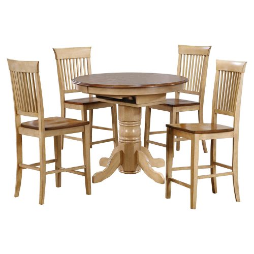Brook Dining 5-piece dining set - Extendable pedestal pub height dining table with four fancy back stools - Finished in creamy wheat with a Pecan top and seats DLU-BR4260CB-B70-PW5PC