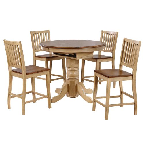 Brook Dining 5-piece dining set - Extendable pedestal pub height dining table with four slat-back stools - Finished in creamy wheat with a Pecan top and seats DLU-BR4260CB-B60-PW5PC