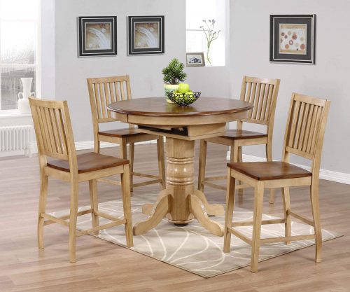Brook Dining 5-piece dining set - Extendable pedestal pub height dining table with four slat-back stools - Finished in creamy wheat with a Pecan top and seats - dining room setting DLU-BR4260CB-B60-PW5PC