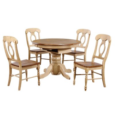 Brook Dining - 5-piece dining set - Round dining table with Butterfly leaf and four Napoleon chairs - Finished in creamy wheat with a Pecan top and seats DLU-BR4260-C50-PW5PC