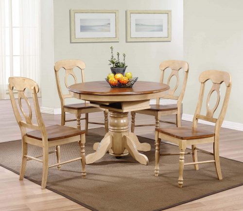 Brook Dining - 5-piece dining set - Round dining table with Butterfly leaf and four Napoleon chairs - Finished in creamy wheat with a Pecan top and seats - dining room setting DLU-BR4260-C50-PW5PC