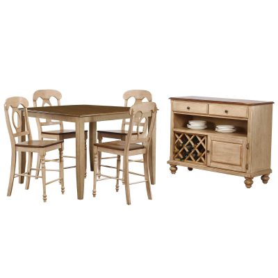 Brook Dining 6-piece dining set - Square pub table - four Napoleon stools - server - Finished in creamy wheat with Pecan accents DLU-BR4848CB-B50-SRPW6PC