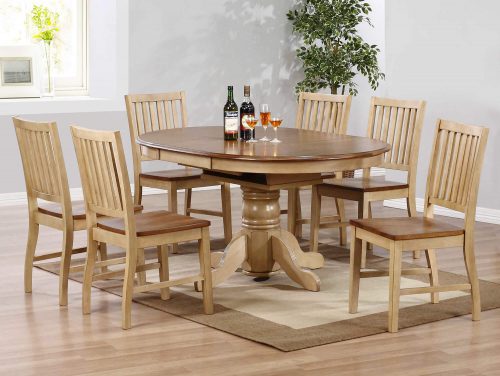 Brook Dining 7-piece dining set - Extendable pedestal dining table with six slat-back chairs - Finished in creamy wheat with a Pecan top and seats - dining room setting DLU-BR4260-C60-PW7PC