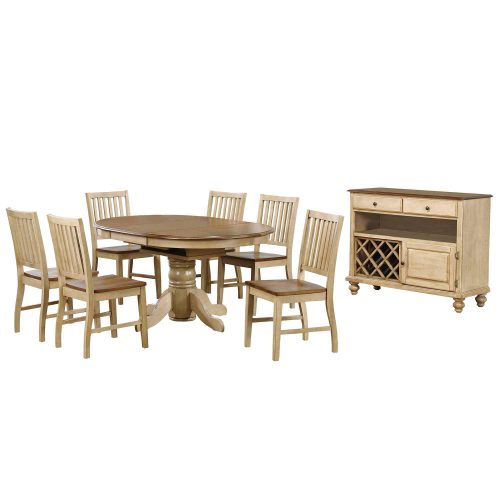 Brook Dining 8-piece dining set - Extendable pedestal dining table with six slat-back chairs and server - Finished in creamy wheat with a Pecan top and seats and accents DLU-BR4260-C60-SRPW8PC