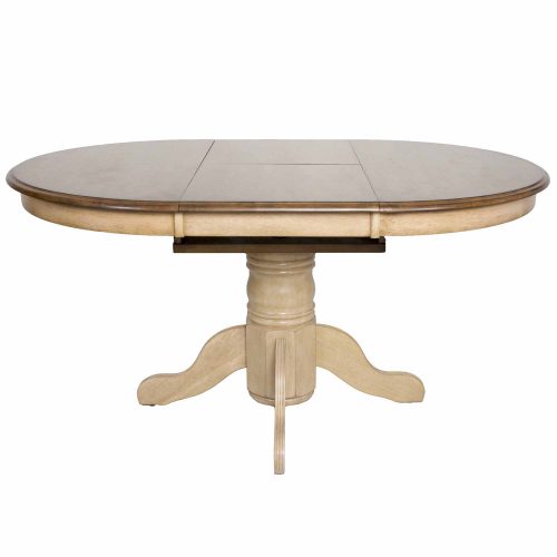Brook Dining - Round Extendable dining table - finished in creamy wheat with a Pecan top - front view with butterfly leaf in DLU-BR4260-PW