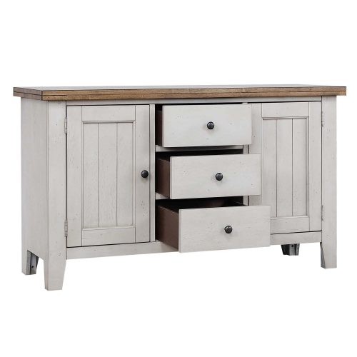 Country Grove Collection - Buffet in distressed gray and brown - three-quarter view with drawers open DLU-CG-BUF-GO