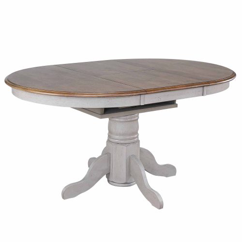 Country Grove Collection - Round Pedestal table in distressed gray with Oak top - three-quarter view with leaf DLU-CG4260-GO