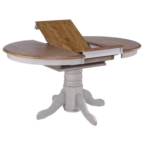 Country Grove Collection - Round Pedestal table in distressed gray with Oak top - view of butterfly leaf DLU-CG4260-GO