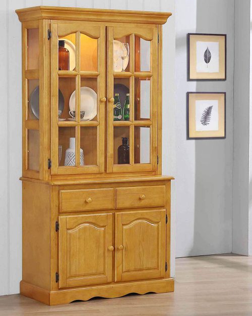 Oak Selections - Keepsake Buffet and lighted hutch in light-Oak angled view in dining room setting DLU-19-BH-LO