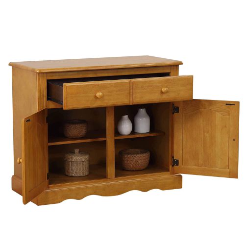 Oak Selections - Keepsake Buffet and lighted hutch in light-Oak buffet drawers and doors open DLU-19-BH-LO