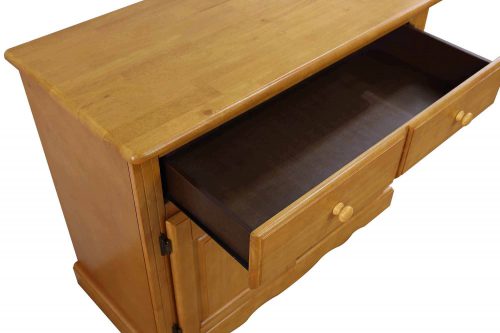 Oak Selections - Keepsake Buffet and lighted hutch in light-Oak detail of top and open drawer DLU-19-BH-LO
