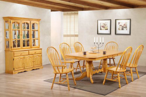 Oak selections - Eight-piece dining set - extendalbe dining table - six chairs - Treasure buffet and lighted hutch in a light-Oak accents DLU-22-BH-LO