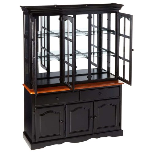 Black Cherry Selections - Treasure buffet and lighted hutch in Antique black finish with Cherry accents - three-quarter view with door open DLU-22-BH-BCH