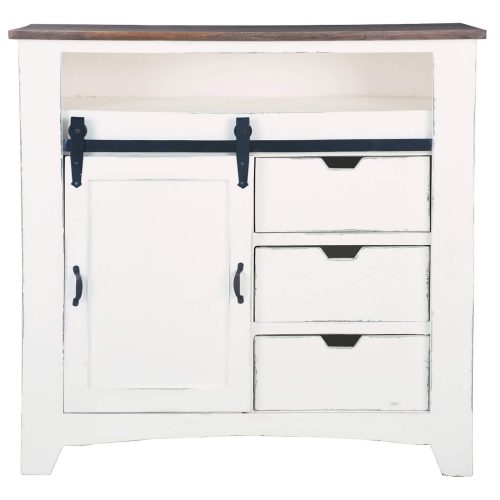 Shabby Chic Collection - Sliding Barn door chest finished in two-tone white and Raftwood - front view CC-CHE117TLD-WWRW