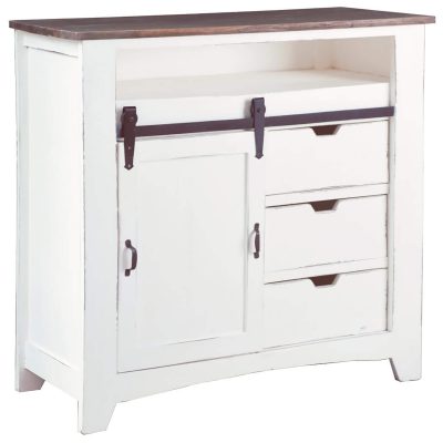 Shabby Chic Collection - Sliding Barn door chest finished in two-tone white and Raftwood - three-quarter view CC-CHE117TLD-WWRW