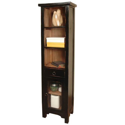 Shabby Chic Collection - Tall narrow cabinet with drawer and door - finished in distressed black - angled view CC-CAB1924TLD-ABSV