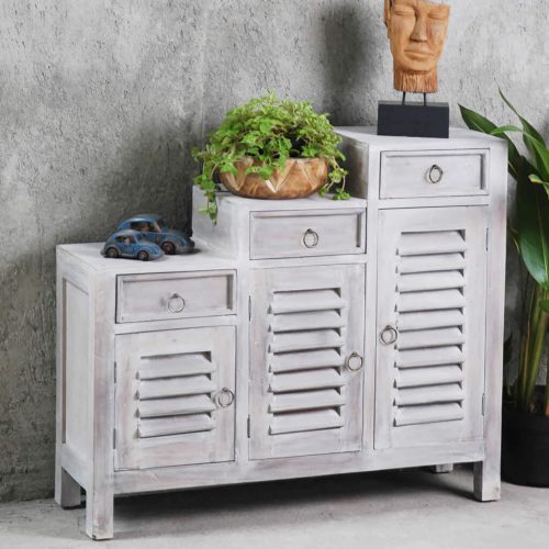 Shabby Chic Collection - Tiered shutter cabinet finished in a Gray wash - room setting CC-CAB1181LD-SW