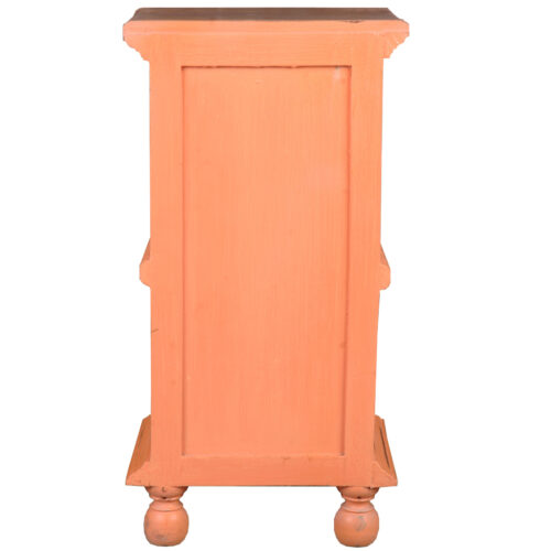 Shabby Chic Collection: End table in Coral orange with a raftwood finished top. Back view with a basket - CC-TAB016TLD-CRRW-B