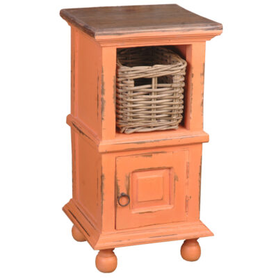 Shabby Chic Collection: End table in Coral orange with a raftwood finished top. Angle view with a basket - CC-TAB016TLD-CRRW-B