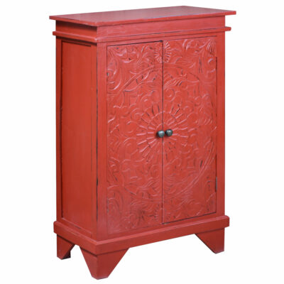 Cottage Collection-Carved hall cabinet in red, angle view-CC-CAB236LD-AR