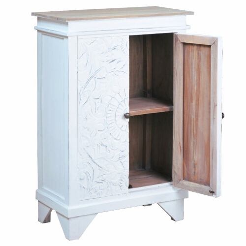 Cottage Collection-Carved hall cabinet in white, angle view with door open-CC-CAB236TLD-WWDW