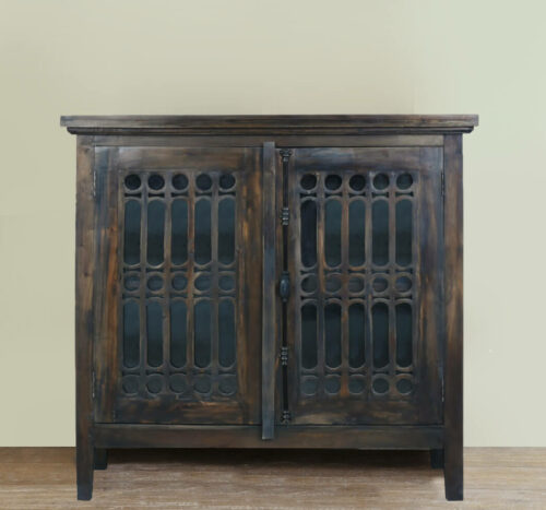 Cottage Collection- Carved cabinet in Vintage Iron, front view in lifestlye-CC-CAB187S-VI