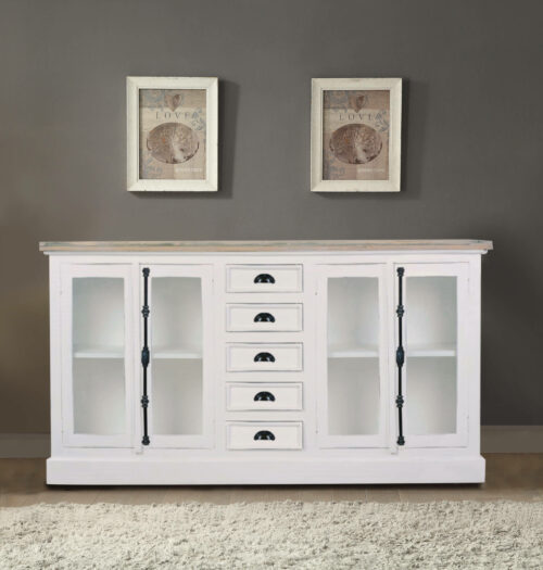 Cottage Collection- Credenza in white with driftwood top, front view in lifestyle-CC-CAB189TLD-WWDW