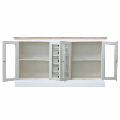 Cottage Collection- Credenza in white with driftwood top, front view with open doors-CC-CAB189TLD-WWDW