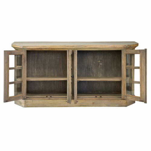 Cottage Collection- Display cabinet in driftwood, front view with opened doors-CC-CAB924S-DW