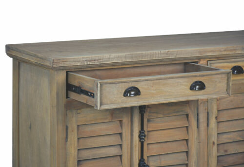 Cottage Collection- Shutter Cabinet in Driftwood, detail of open drawer-CC-CAB163S-DW