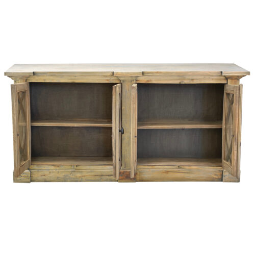 Cottage Collection- Sideboard in driftwood, front view with doors opened-CC-CAB1705S-DW